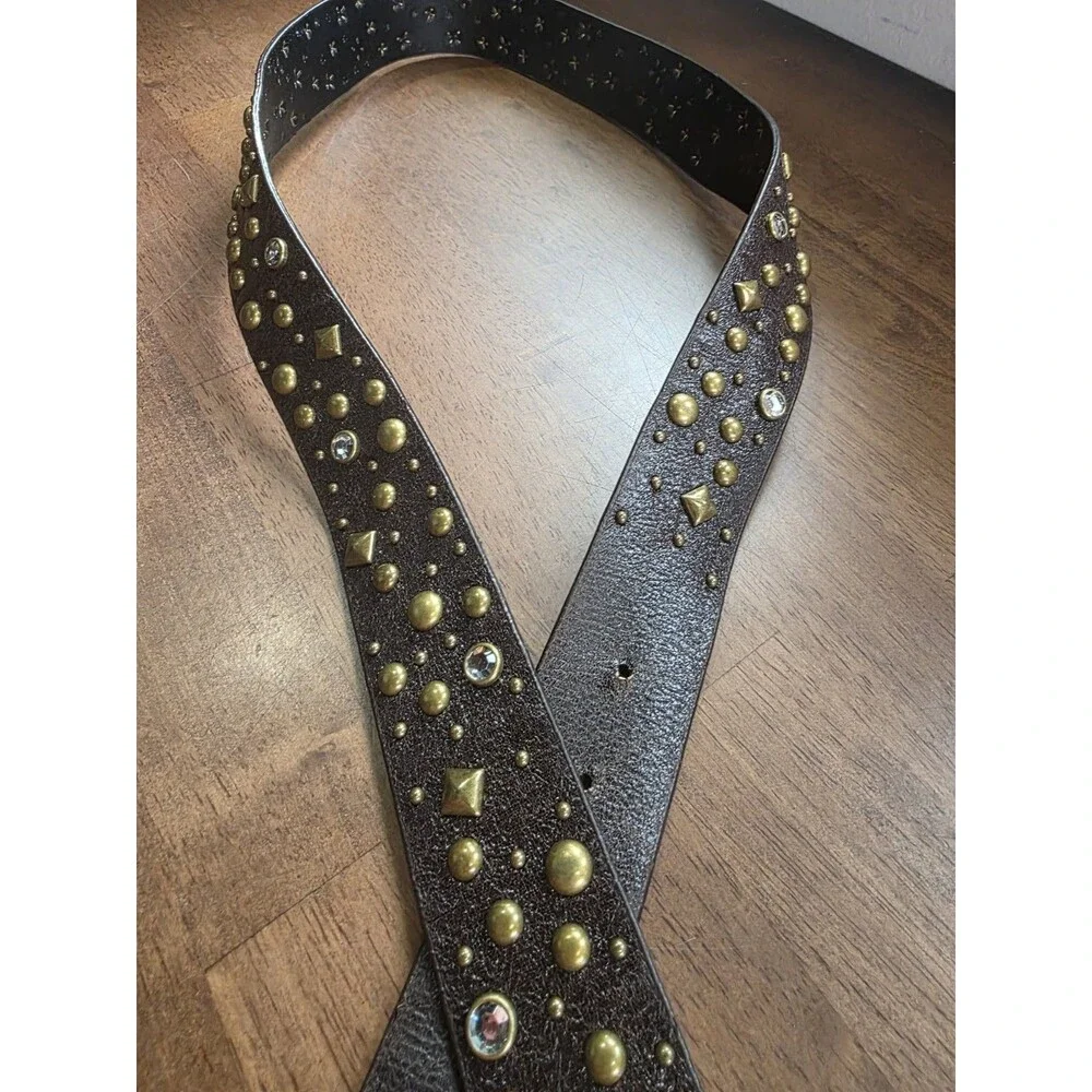 Studded Rhinestone Faux Leather Belt Brass Hardware Brown